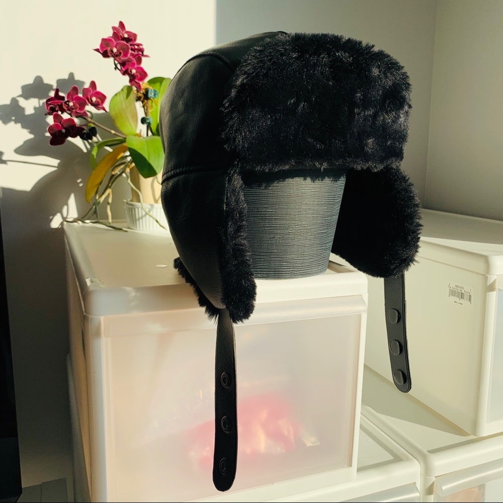 Aviator Pilot Leather Fur Steam Age Cold Clip On Collapsible Russian Black Hat
